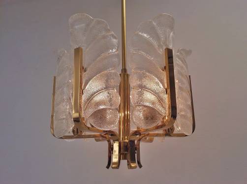 Carl Fagerlund for Orrefors vintage chandelier glass leaves & brass, 6 light, 1960`s ca, Swedish